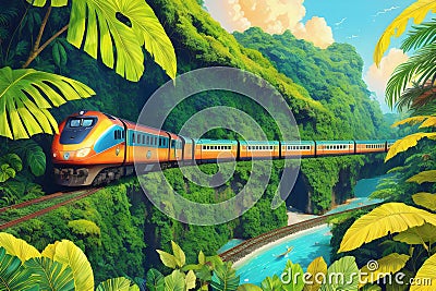 Train traveling through the lush green forest jungle. Fanstasy tropical background ai generated Stock Photo