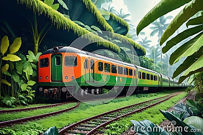 Train traveling through the lush green forest jungle. Fanstasy tropical background ai generated Stock Photo