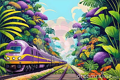 Train traveling through the lush green forest jungle. Fanstasy tropical background ai generated Cartoon Illustration