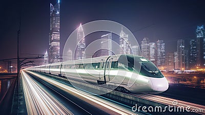 Train traveling at night with city in the background Stock Photo