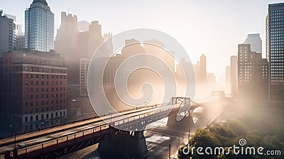 a train traveling over a bridge over a river in a city Stock Photo