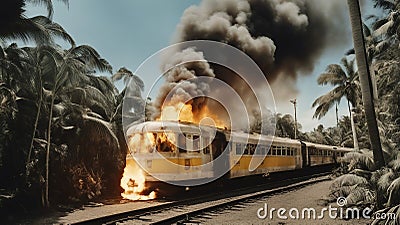 train in the tropics _A flaming getaway train on fire, exploding, flames shooting out that cruises through a lush war-torn island Stock Photo