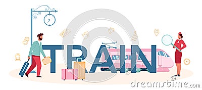 Train typographic header. Railway worker in uniform on duty. Vector Illustration