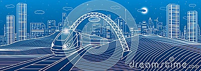 Train under the bridge. Modern night town, neon city. Infrastructure illustration, urban scene. White lines on blue background. Ve Vector Illustration