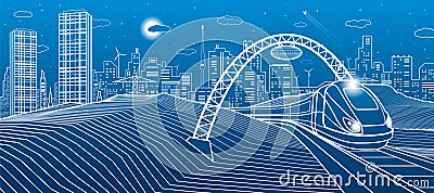 Train under the bridge. Modern night town, neon city. Infrastructure illustration, urban scene. White lines on blue background. Ve Vector Illustration