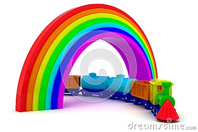 Train under rainbow Stock Photo