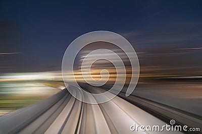Train view. blurry speed motion on railway tunnel for futuristic network connection technology, digital data in transportation Stock Photo
