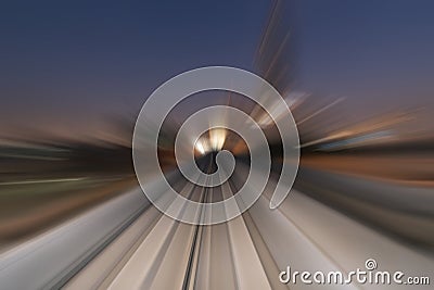 Train view. blurry speed motion on railway tunnel for futuristic network connection technology, digital data in transportation Stock Photo