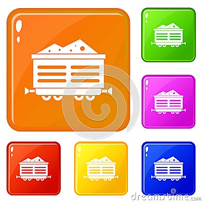 Train waggon with coal icons set vector color Vector Illustration