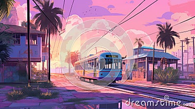 Dreamy Anime-inspired Painting Of Train On Tracks Near City With Palm Trees Cartoon Illustration