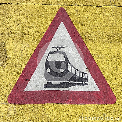 Train warning sign at a railroad crossing Stock Photo