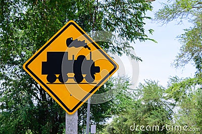 Train warning sign, railway crossing in the countryside Stock Photo