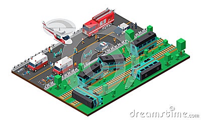 Train Wreck Isometric Design Vector Illustration