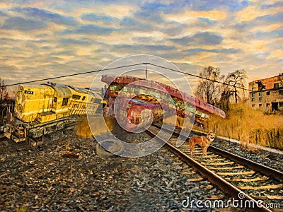 Train wreck Train Yard Cartoon Illustration