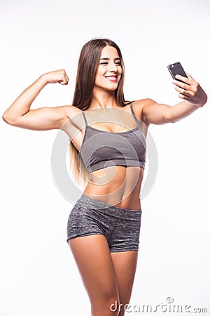 Trained athlete girl take selfie from phone Stock Photo