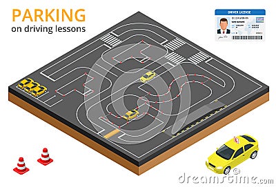 Trained in driving school concept Parking on driving lessons and test drive Vector Illustration