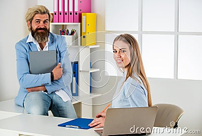 Trainee and coach. Consulting. Financial department team. Office secretary. Man and woman meeting. Boss director Stock Photo