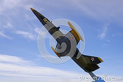 Trainer Aero L-39 Albatros on pedestal as a monument. Editorial Stock Photo