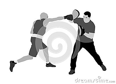 Trainer and boxer vector illustration isolated on white background. Sparring partner martial arts. Direct kick. Clinch, knockout, Cartoon Illustration