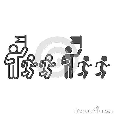 Trainer and children line and solid icon, children physical education concept, coach training running kids sign on white Vector Illustration