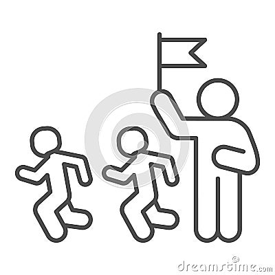 Trainer and children thin line icon, children physical education concept, coach training running kids sign on white Vector Illustration