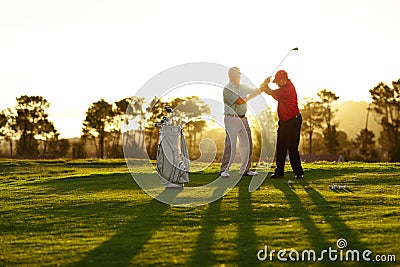 Trainer, golf course or man with help, teaching or fitness with training, lesson or skills. Male person, player or coach Stock Photo