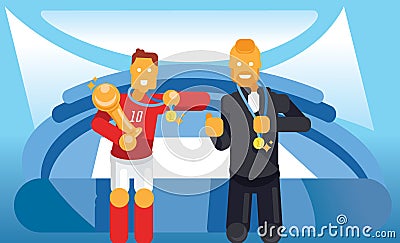 Trainer and soccer player celebrate with trophy and winner coin Vector Illustration