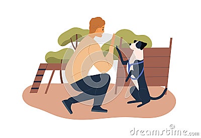Trainer teaching dog at agility courses. High five trick of obedient doggy with raised paw. Pet owner training his Vector Illustration