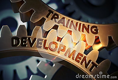 Training Development on Golden Cog Gears. 3D Illustration. Stock Photo
