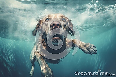 dog underwater puppy swimming funny pool fun snorkeling vacation water. Generative AI. Stock Photo