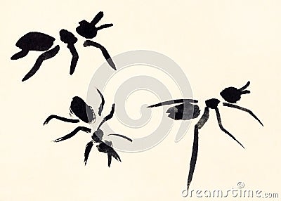 Three ants hand painted on cream colored paper Stock Photo