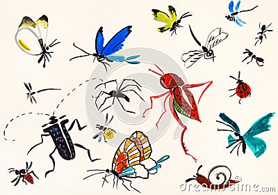 Various insects hand painted on colored paper Stock Photo