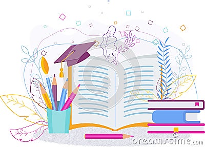 Training and education concept. University cap on an book Vector Illustration