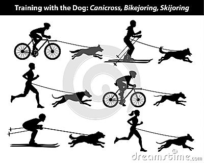 Training Exercising with dog: canicross, bikejoring, skijoring silhouettes Vector Illustration