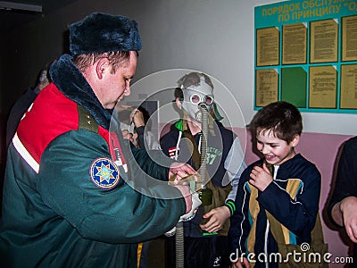 The training on fire safety and medical assistance at school the Gomel region of Belarus. Editorial Stock Photo