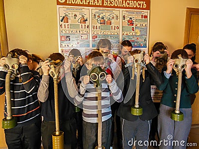 The training on fire safety and medical assistance at school the Gomel region of Belarus. Editorial Stock Photo