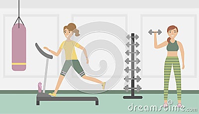 Training in the fitness club. Girl running on the treadmill, the girl raises the dumbbell. Healthy lifestyle Vector Illustration