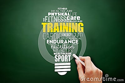 TRAINING light bulb word cloud, fitness, sport Stock Photo