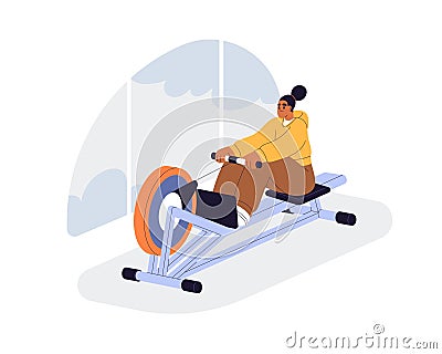 Training on rowing machine. Woman doing rower exercise for back, core muscles strength. Girl working out in gym Vector Illustration