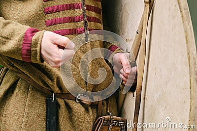 Training in the use of medieval shields to protect warriors in war. Reco Editorial Stock Photo