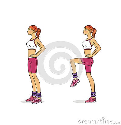 Training with weightlifters on the legs. The girl performs exercises swings, lifts and bringing the legs from a standing with the Cartoon Illustration