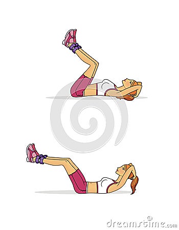 Training with weightlifters on the legs. The girl performs exercises swings, lifts and bringing the legs from a prone position Cartoon Illustration