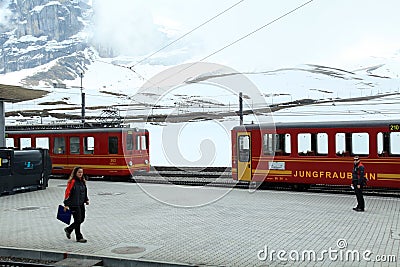 Trains of cog railway to Jungfrau, Switzerland Editorial Stock Photo