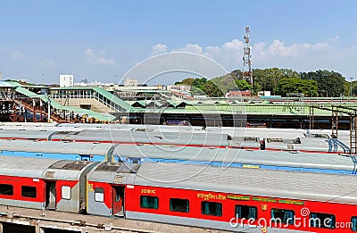 Trains parked at KSR Bangalore Railway City Junction Editorial Stock Photo