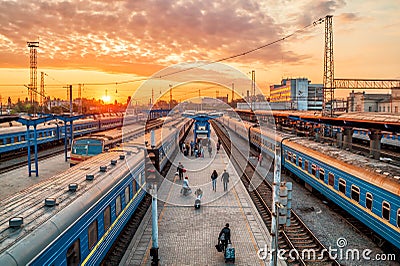 Trains on rails at Ukraine station Editorial Stock Photo