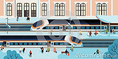 Trains stopped against railway station building on background, people walking and waiting on platform covered by snow Vector Illustration