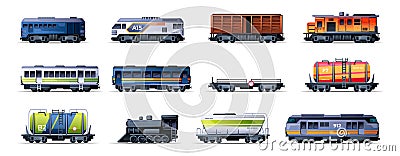 Trains and wagons. Cartoon city railway vehicles, metro trains and subway wagons, underground electric locomotive Vector Illustration