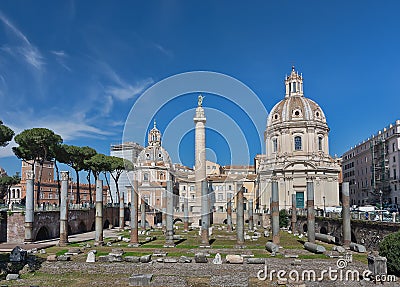 Trajan`s forum in Rome, ancient ruins, buildings: Trajan`s column, Santissimo Nome di Maria al Foro Traiano Church, Basilica Ulp Editorial Stock Photo