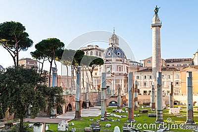 Trajan`s Forum, Trajan Column in roman forums Stock Photo