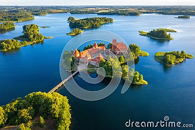 Trakai castle in Lithuania aerial view. Green islands in lake in Trakai near Vilnius Stock Photo